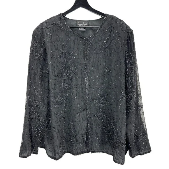 Laurence Kazar Jacket 3X silk beaded 1980's Paris New York black women's Vintage - Picture 3 of 12